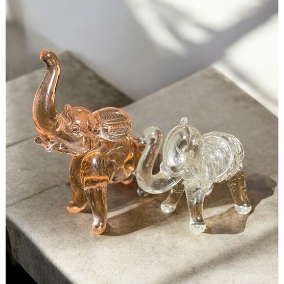 2 Crystal Elephant Figurines Hand Blown Glass Trunk Up Paperweight Pink White - Picture 1 of 4